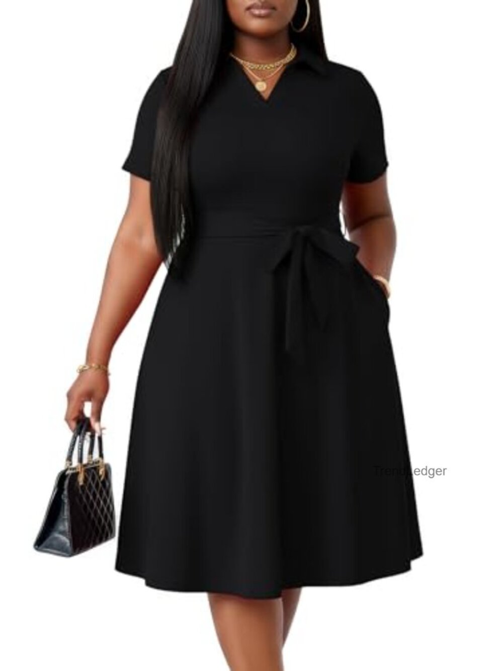 Women's Plus Size Midi Shirt Dress with Belt and Pockets